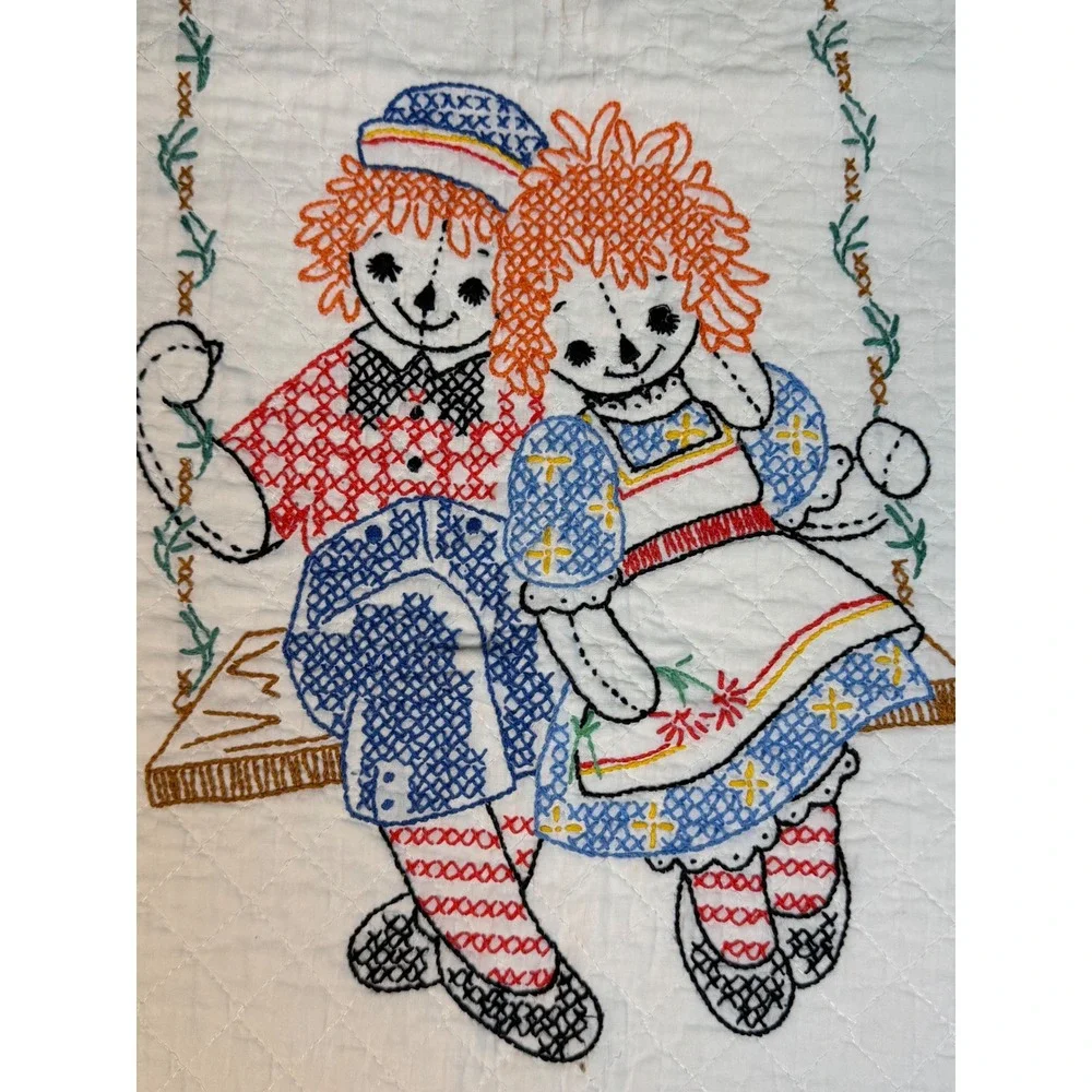 Raggedy Ann Andy Vintage 70's Embroidered Baby Quilt Handmade Nursery 36x56